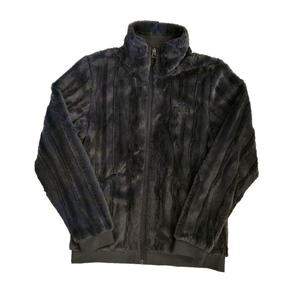 The North Face Faux Fur Bomber Jacket Women's Small Vertical Stripe Dark Grey - Picture 1 of 13